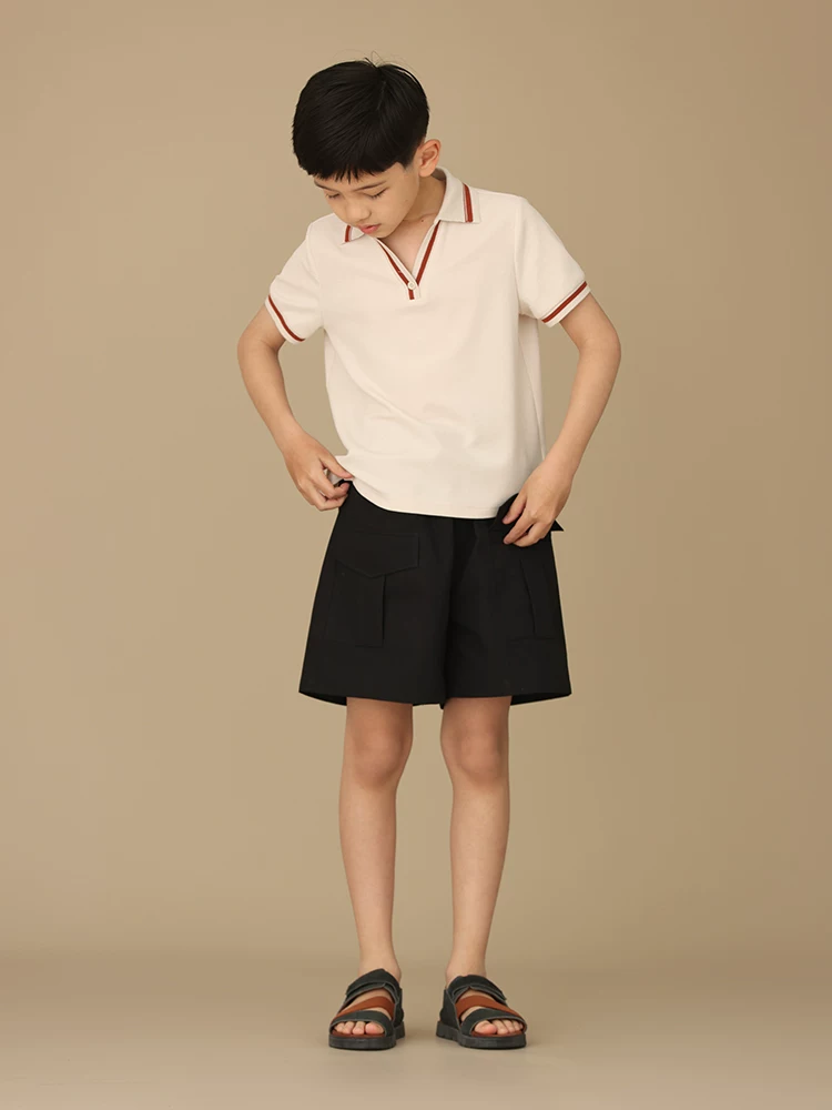Quần áo trẻ em Hazi Mùa hè Mới về Màu đen Thoáng mát Quần cargo túi lớn Phong cách cha con Quần short năm phần kiểu giản dị