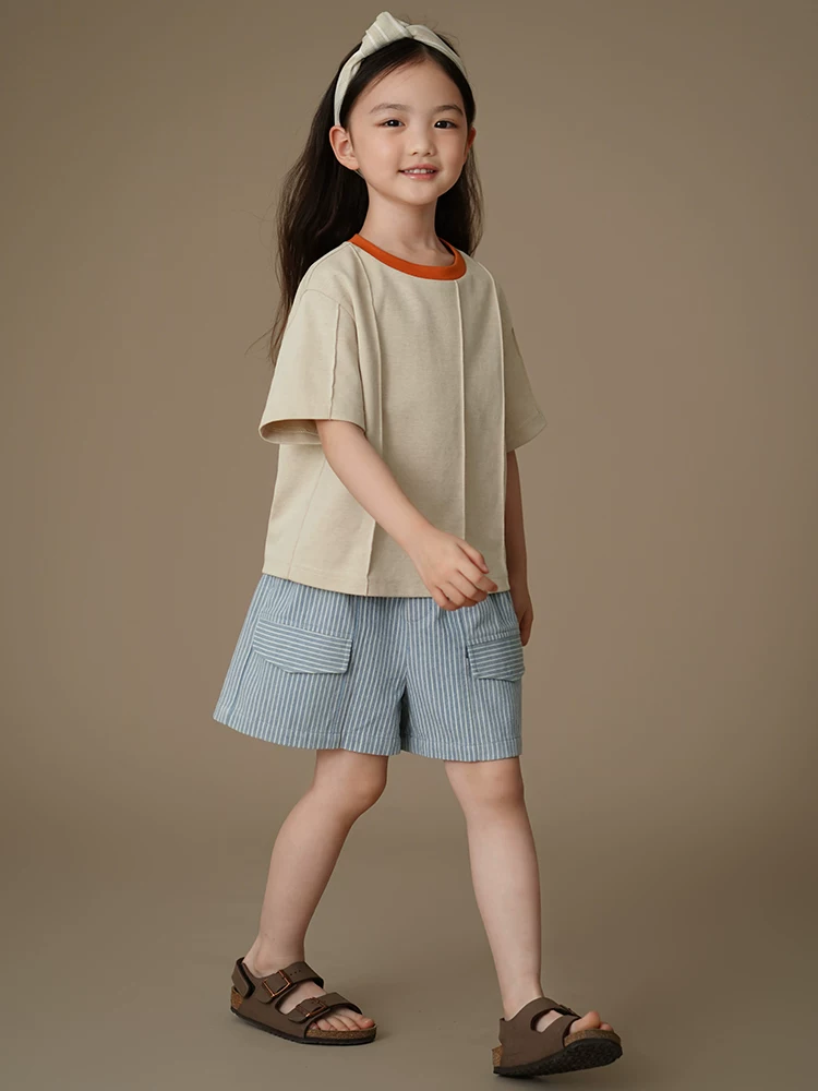 Quần áo trẻ em phong cách retro Nhật Bản quần short sọc bé trai bé gái quần short dài đến đầu gối đa năng quần rộng rãi trẻ em quần thường ngày mùa hè