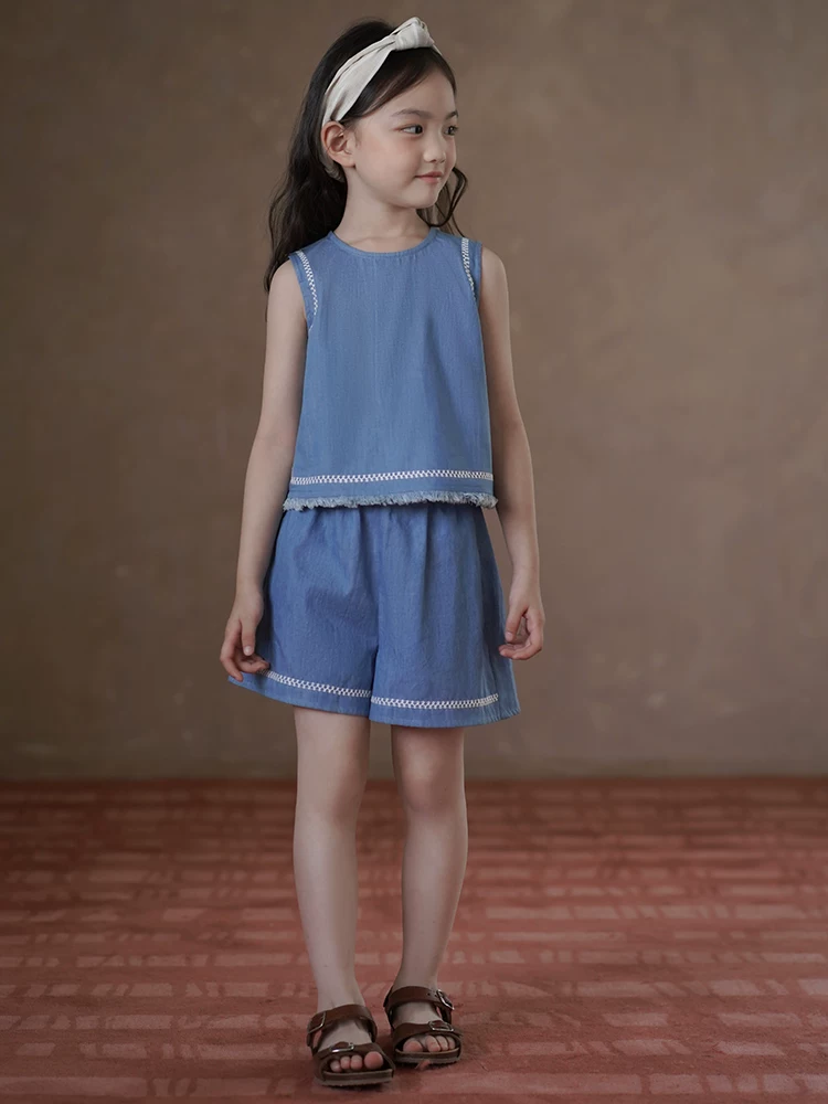 Hazi Quần Áo Trẻ Em Cotton Thân Thiện Với Da Áo Vest Trẻ Em Không Tay Top Vintage Quần Short Denim Nữ Mùa Hè Bộ Phong Cách Mới