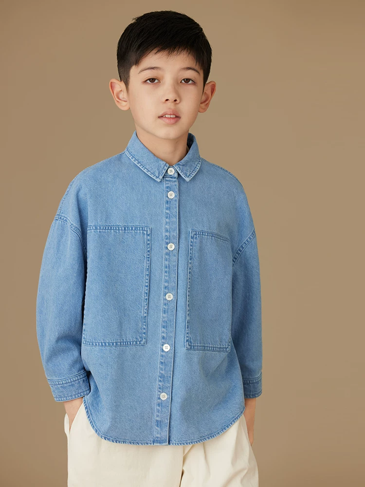 Áo denim trẻ em có túi lớn, áo sơ mi dài tay đa năng bằng vải cotton dành cho bé trai và bé gái, kiểu dáng xuân thu.