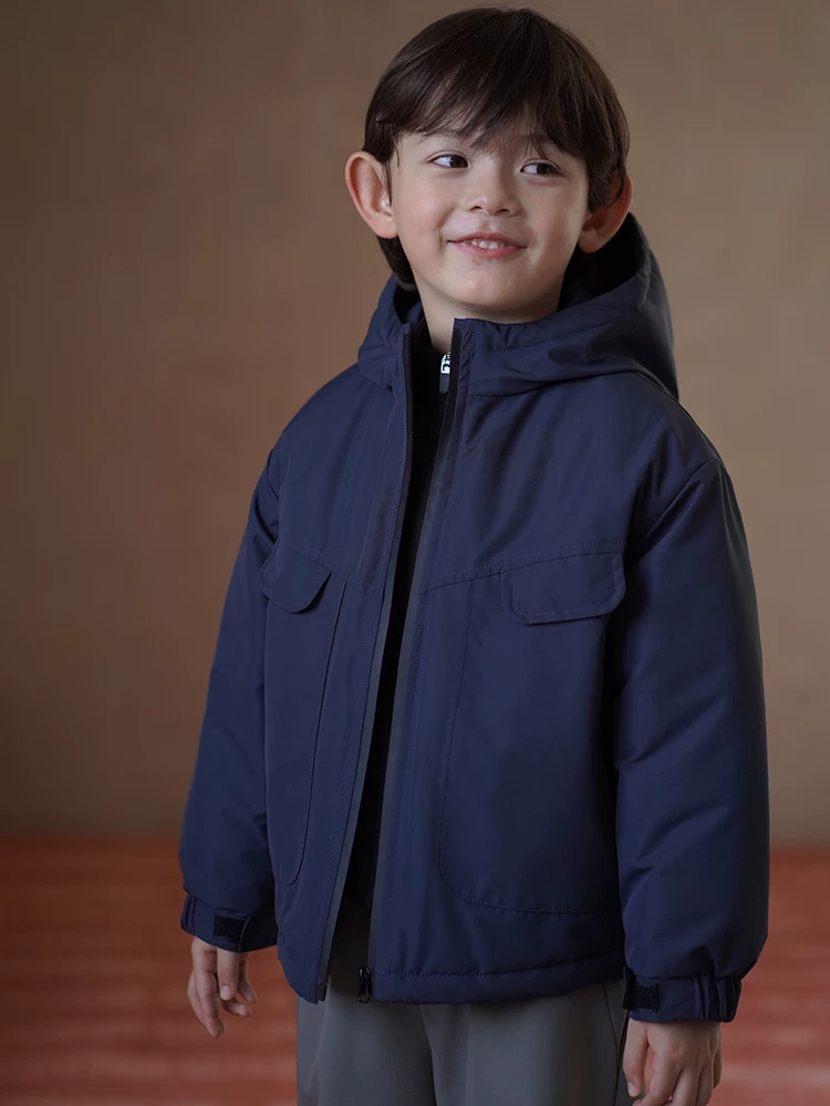 Quần áo trẻ em mùa thu đông áo khoác có mũ trùm đầu dáng rộng màu xanh hải quân hàng đầu bé trai và bé gái quần áo bảo hộ lao động áo khoác cotton ngoài trời ba lớp chống thấm
