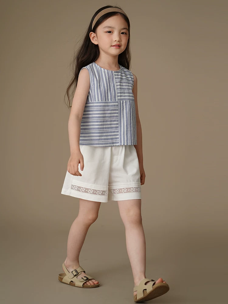 Quần áo trẻ em Áo sơ mi sọc xanh phong cách Nhật Bản Áo ba lỗ bé gái cotton thân thiện với da Trang phục mùa hè cho bé gái phong cách mới