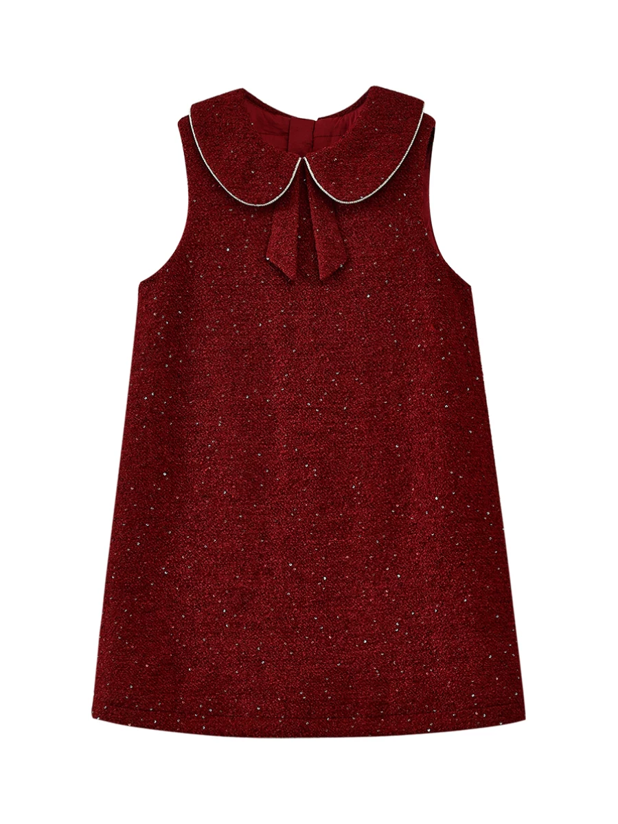 Quần áo trẻ em mùa thu đông váy vest đỏ đính sequin phong cách công chúa váy dài trung bình váy bé gái có đệm năm mới