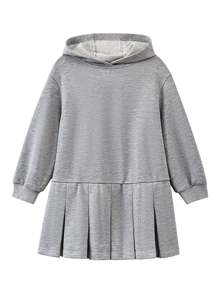 Quần áo trẻ em cho mùa xuân và mùa thu, váy dài tay, váy xếp ly đơn giản, váy áo hoodie cho bé gái, phong cách giản dị và đa năng.