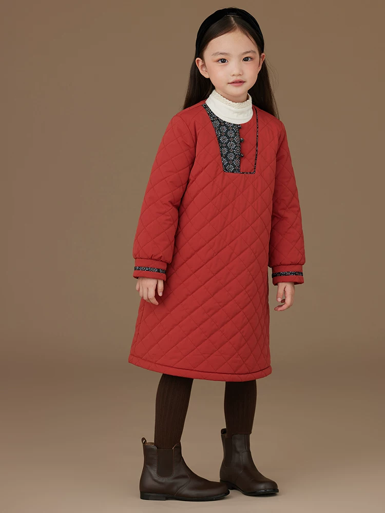 Áo khoác cotton dài vừa phải cho trẻ em mùa đông, áo khoác ấm cho bé gái, váy dài tay màu đỏ kiểu Trung Quốc mới, dày dặn.
