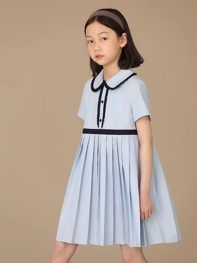 Váy xếp ly mùa hè cho bé gái, viền ren, màu xanh, kiểu học sinh, đầm ngắn tay cho trẻ lớn, mặc mùa hè