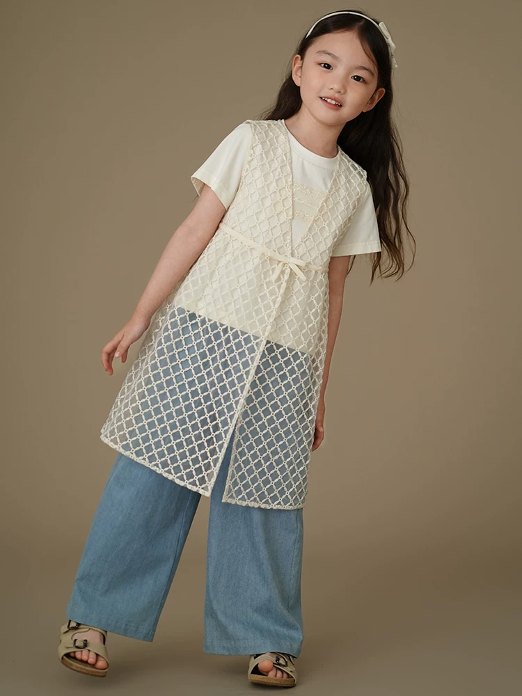 Quần áo trẻ em mùa hè Áo cardigan ren kiểu Pháp Váy không tay cho bé gái lớn hơn Váy vest có thiết kế thời trang