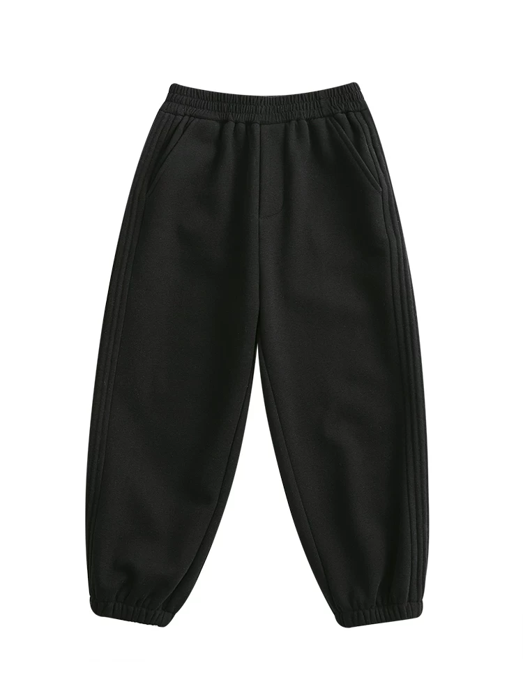Quần jogger mùa đông trẻ em màu đen, lưng thun, lót lông giữ ấm, dành cho bé trai và bé gái