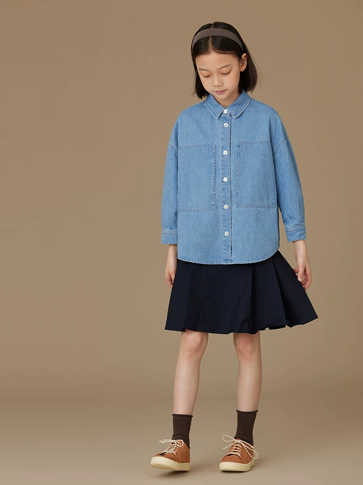 Áo denim trẻ em có túi lớn, áo sơ mi dài tay đa năng bằng vải cotton dành cho bé trai và bé gái, kiểu dáng xuân thu.