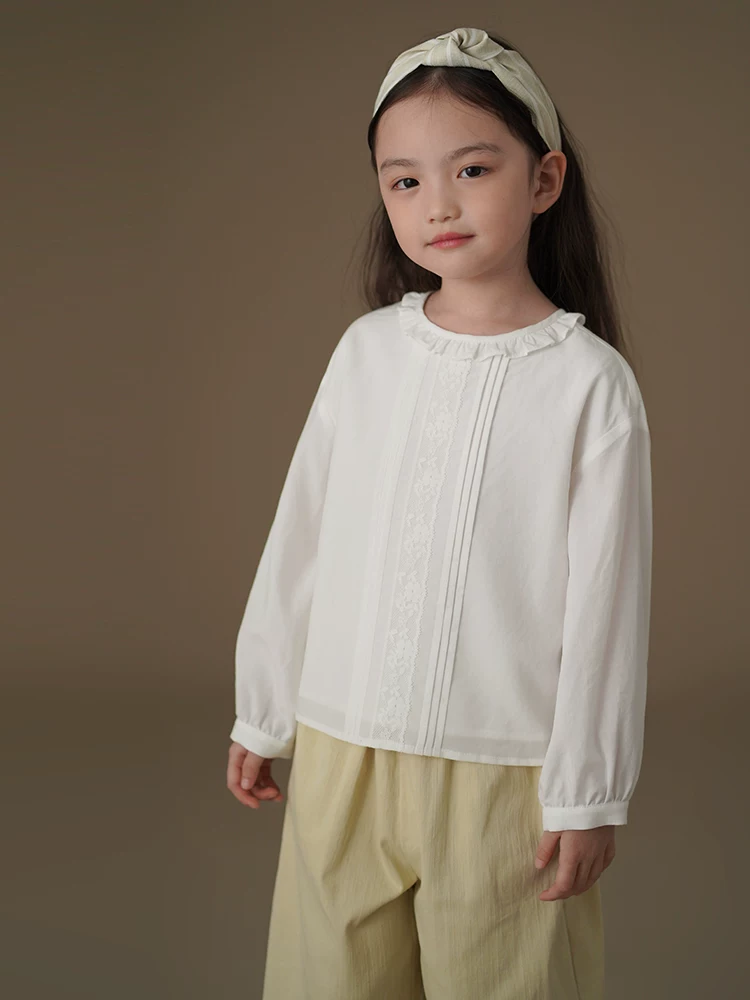 Quần áo trẻ em mùa xuân thu áo sơ mi trắng ren ngọt ngào áo mỏng đa năng dáng rộng phù hợp với trang phục mùa thu của bé gái