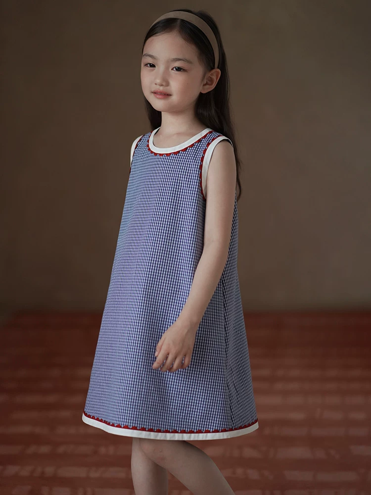 Váy liền thân bé gái mùa hè chất liệu cotton mỏng thoáng mát kiểu dáng cổ điển kẻ caro phối màu