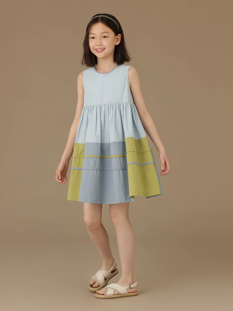 Váy vest mùa hè cho bé gái phối màu xanh dương và xanh lá, váy mùa hè mỏng cho bé gái.