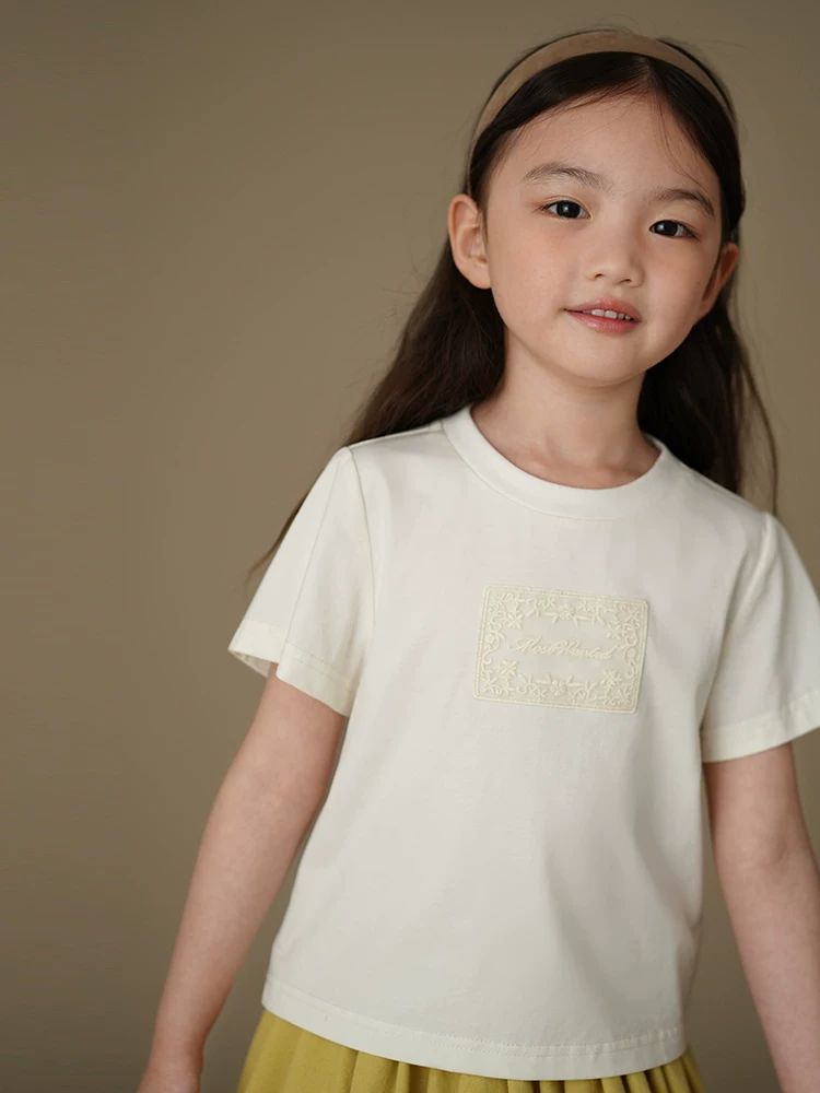 Quần áo trẻ em mùa hè áo dệt kim mỏng cho bé gái Áo thun ngắn tay cho trẻ lớn mặc mùa hè màu trắng xanh hải quân