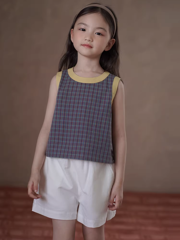Áo gile kẻ caro cotton mềm mại cho bé gái Hazi, bộ sưu tập hè 2025, áo không tay cho trẻ lớn