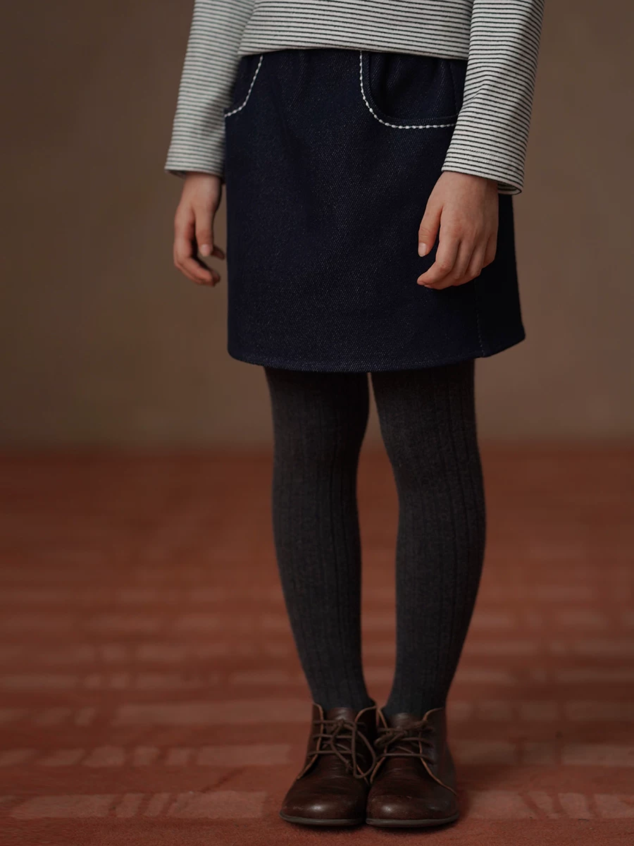 Váy nửa thân mùa đông đa năng màu xanh navy kiểu học sinh, lót lông cừu, dáng chữ A, váy bò nữ