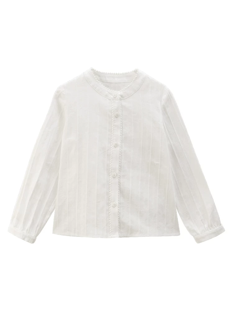 Quần áo trẻ em áo dài tay mùa xuân thu chất liệu cotton thân thiện với da áo sơ mi trắng cho bé gái cảm giác đơn giản và cao cấp