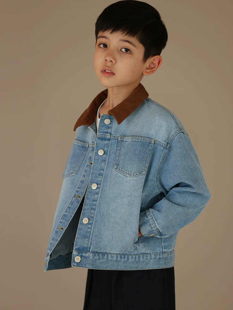 Áo khoác trẻ em mùa xuân thu chất liệu cotton kiểu retro, dáng rộng, phong cách thường ngày, dành cho bé trai và bé gái, phối màu denim.