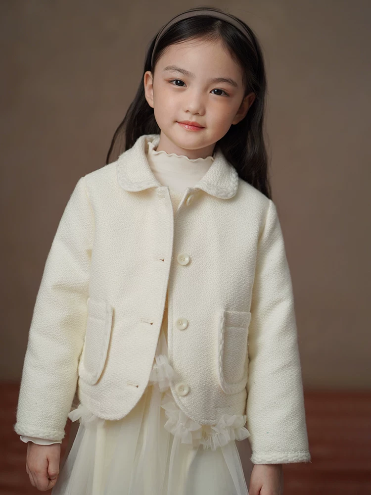 Quần áo trẻ em cho mùa thu đông, áo khoác cotton ngắn cho trẻ em, kiểu dáng thời trang và đơn giản, áo khoác kiểu Chanel cho bé gái, áo blazer màu be cho bé gái.