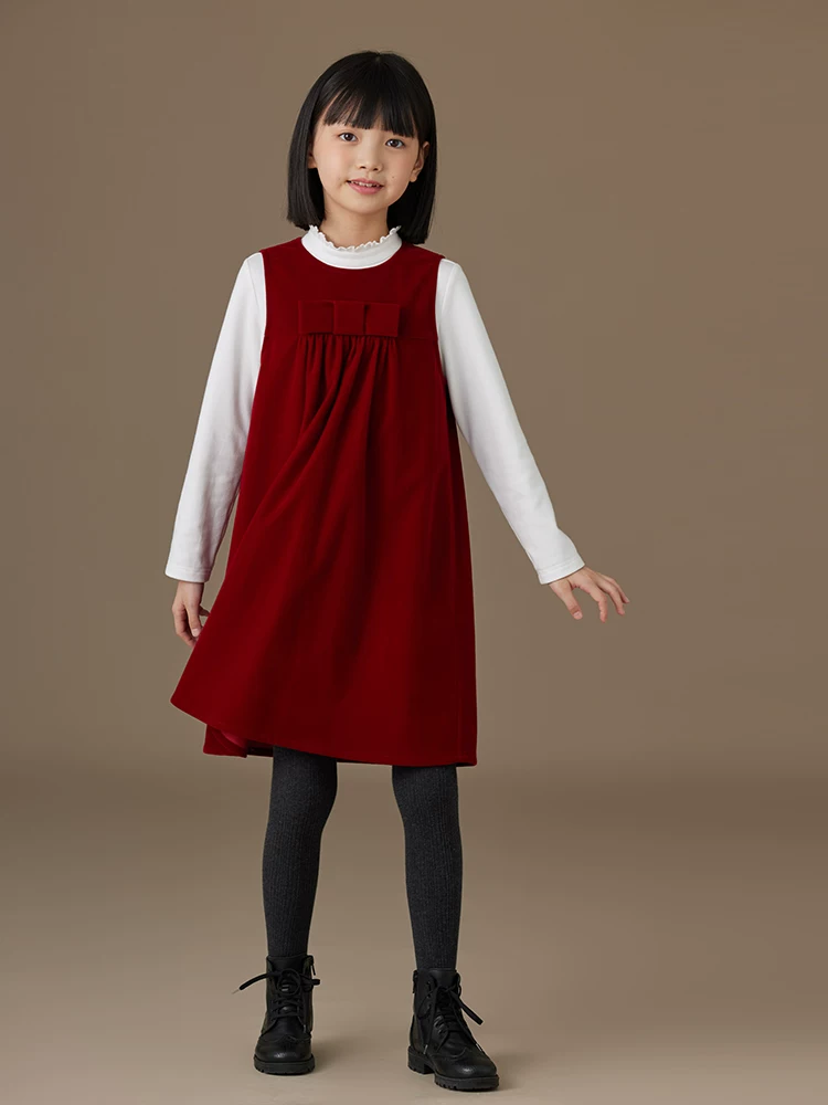 Quần áo trẻ em cho mùa thu đông, váy vest trẻ em, váy dài nhung đỏ tía có nơ, váy bé gái cho trẻ lớn.