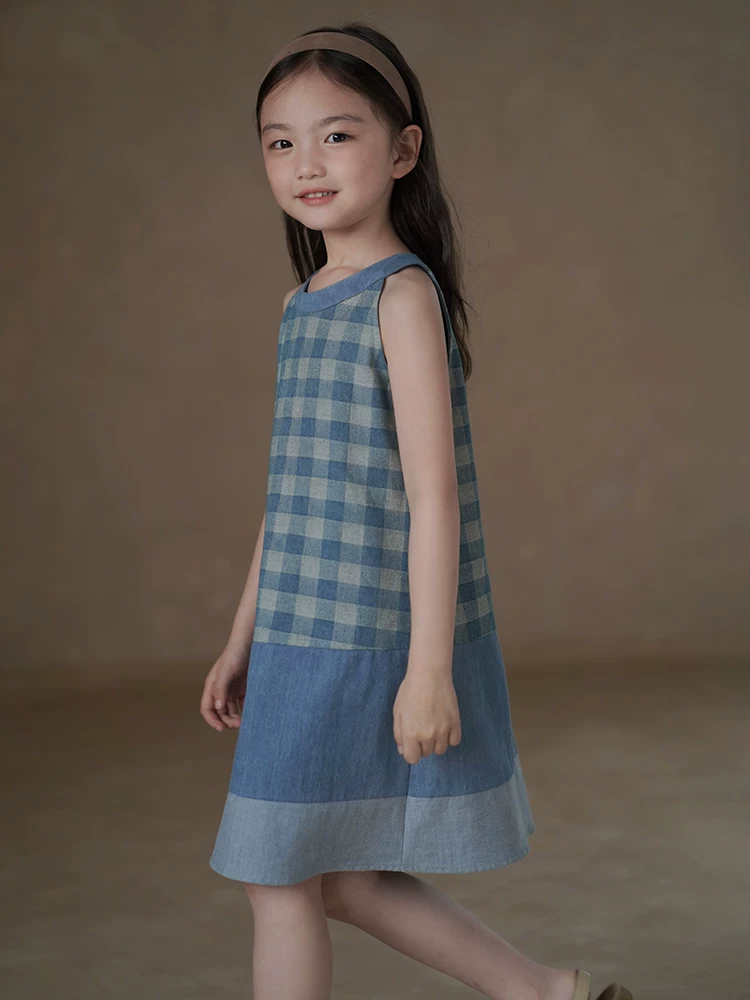 Quần áo trẻ em Hazi Váy ba lỗ mùa hè cho trẻ em Váy kẻ sọc cotton Váy denim cho bé gái Váy dài vừa cổ điển cho bé gái