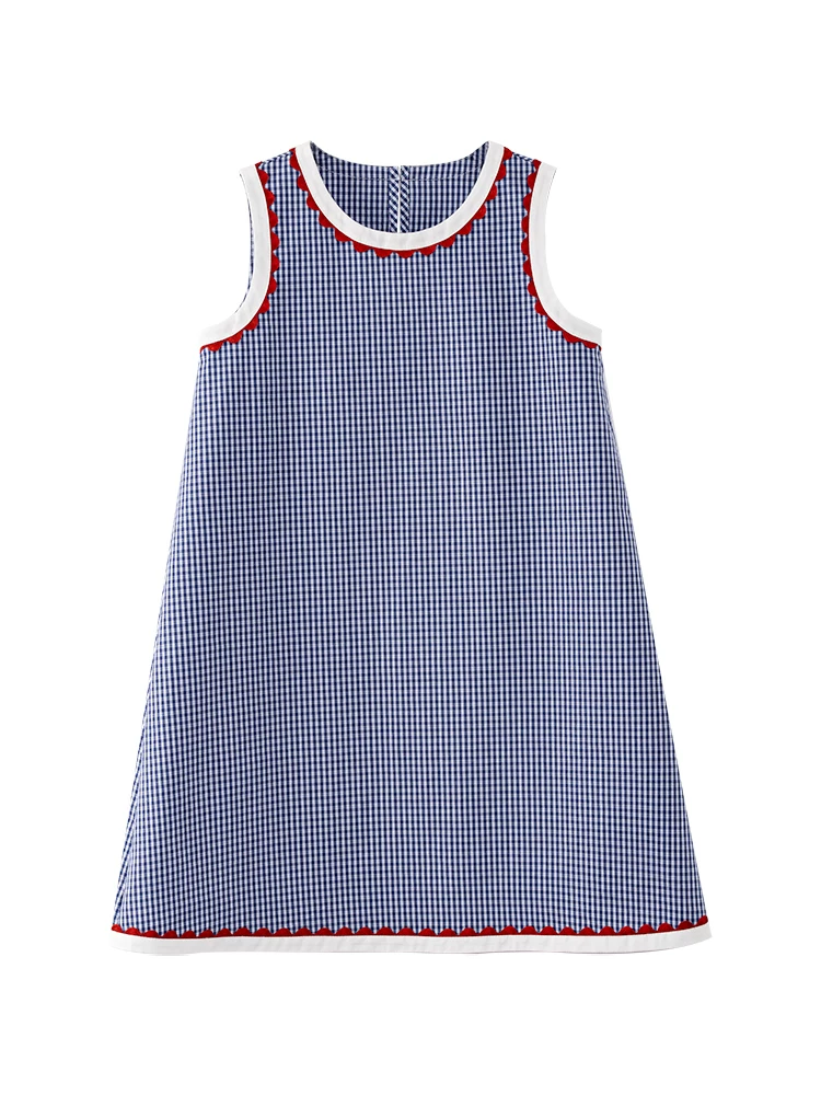 Váy liền thân bé gái mùa hè chất liệu cotton mỏng thoáng mát kiểu dáng cổ điển kẻ caro phối màu