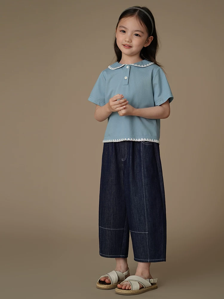 Quần thường ngày cho trẻ em, quần ống rộng dáng rộng và đơn giản, quần dài denim cho bé trai và bé gái, kiểu dáng mỏng mùa hè.