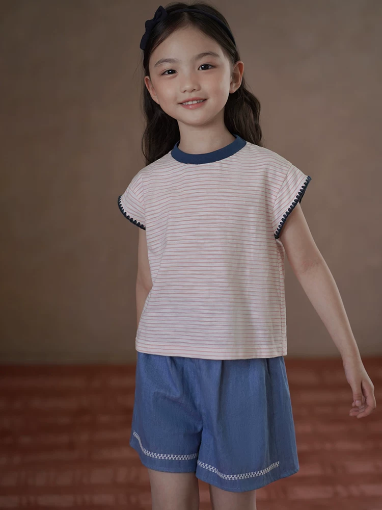 Hazi Quần Áo Trẻ Em Cotton Thân Thiện Với Da Áo Vest Trẻ Em Không Tay Top Vintage Quần Short Denim Nữ Mùa Hè Bộ Phong Cách Mới