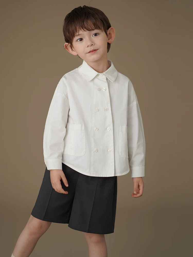 Áo sơ mi cotton dày màu trắng dáng rộng thông thường dành cho trẻ em mùa xuân thu, thân thiện với làn da, quần áo mùa thu cho bé trai và bé gái