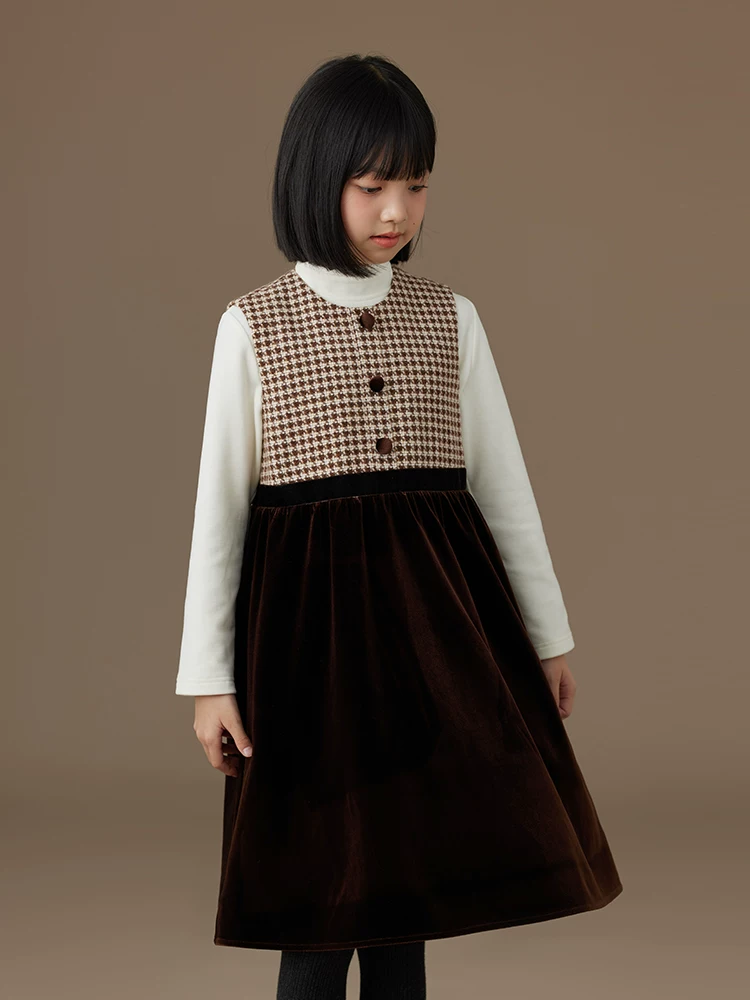 Quần áo trẻ em Hazi Váy trẻ em mùa thu đông Váy nhung cổ điển Houndstooth Váy chắp vá Quần áo mùa đông cho bé gái Phong cách mới