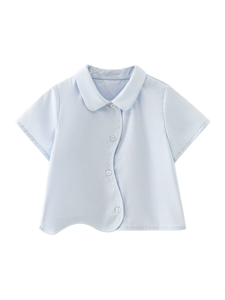 Quần áo trẻ em Hazi Quần áo mùa hè 25 kiểu mới Áo cotton thân thiện với da màu xanh Áo sơ mi ngắn tay cho bé gái Thiết kế đơn giản