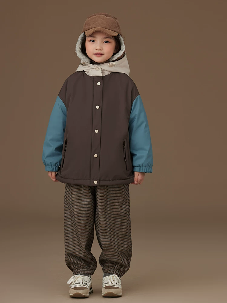 Quần áo cotton thường ngày mùa đông cho trẻ em bé trai và bé gái áo có màu phối đơn giản mang lại cảm giác cao cấp áo khoác có mũ trùm đầu dày cho trẻ em