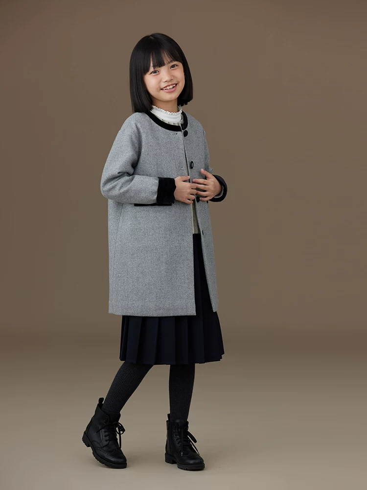 Quần áo trẻ em cho mùa thu đông, áo khoác len kiểu tweed màu xám cho bé gái, áo khoác len dài cho trẻ lớn.