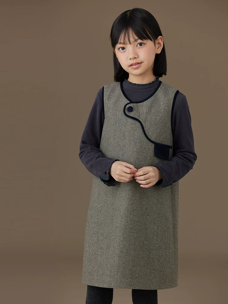 Hazi Quần Áo Trẻ Em Trẻ Em Áo Vest Đầm Vintage Cổ Áo Len Đơn Giản Cao Cấp Nữ Thu Đông Quần Áo 2024 Phong Cách Mới