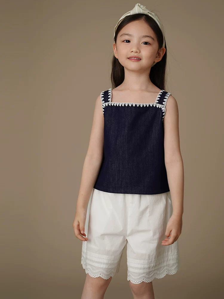 Áo denim mùa hè cho bé gái, áo yếm mát mẻ, áo lót cho bé, cảm giác đơn giản và cao cấp.