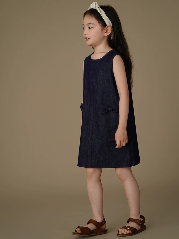 Quần áo trẻ em Ha Chi Váy ba lỗ trẻ em Xuân/Hè Váy denim đơn giản và cao cấp dành cho bé gái lớn hơn Phong cách mùa hè mới