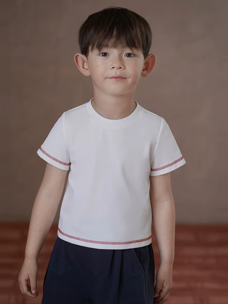 Quần áo trẻ em Ha Chi 25 Áo len dệt kim phối màu mùa hè cho trẻ em Áo thun ngắn tay cho bé trai và bé gái Áo dáng rộng giản dị thời trang