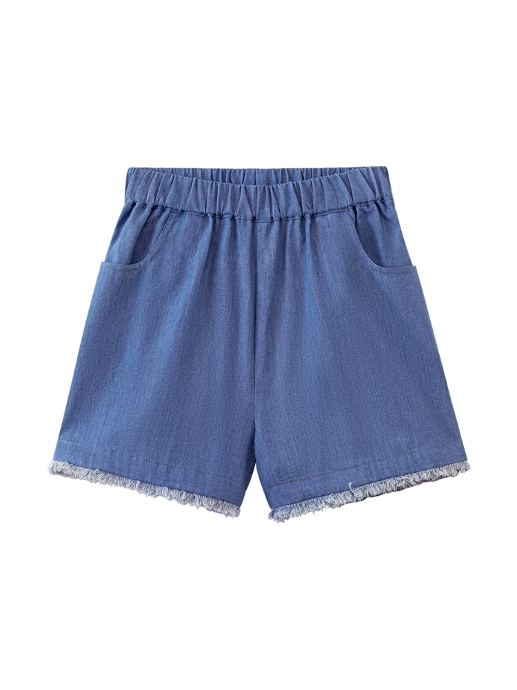 Quần ống đứng mùa hè cho bé gái, quần short denim thiết kế đơn giản, quần dài đến đầu gối cho trẻ lớn hơn.