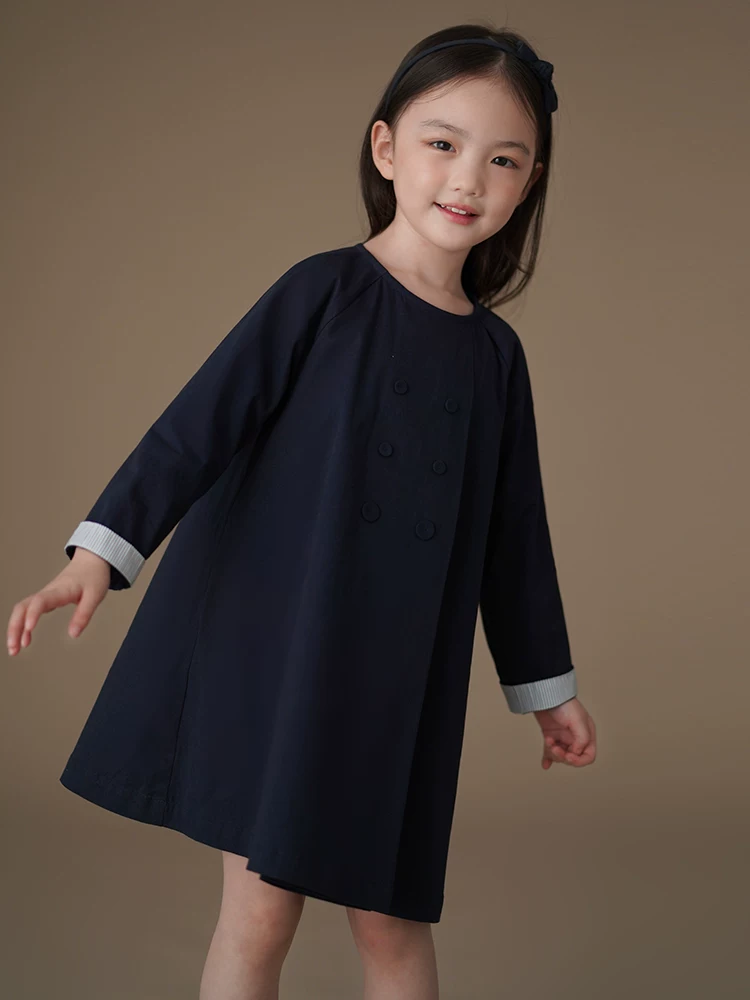 Quần áo trẻ em trang phục mùa xuân màu xanh hải quân dáng rộng vừa vặn với da cotton thân thiện với da Váy chữ A cho bé gái Váy dài tay cho bé gái