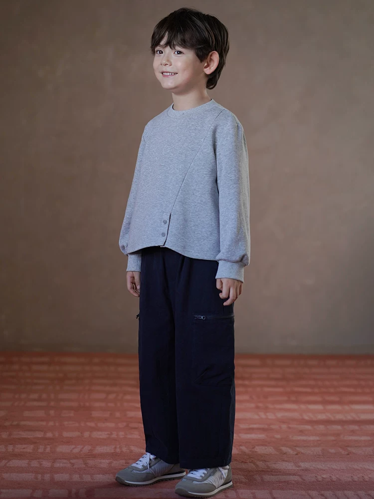Quần áo trẻ em mùa xuân thu quần dài thường ngày toàn cotton quần cà rốt màu hải quân bé trai và bé gái quần cargo dáng rộng đơn giản