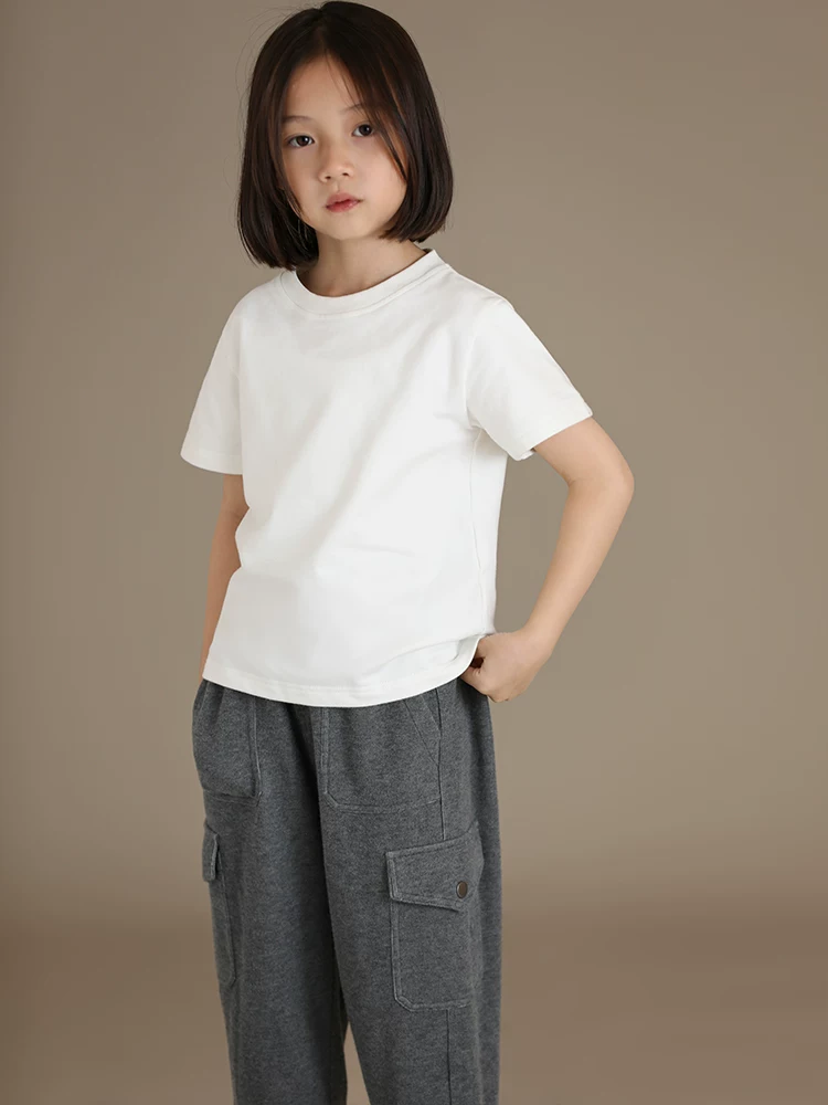 Quần áo trẻ em Hazi Mùa xuân/Hè Hàng mới về Bé trai và bé gái Phong cách cha mẹ và con cái Đa năng thường ngày Áo cổ tròn màu trắng tay ngắn có cổ tròn
