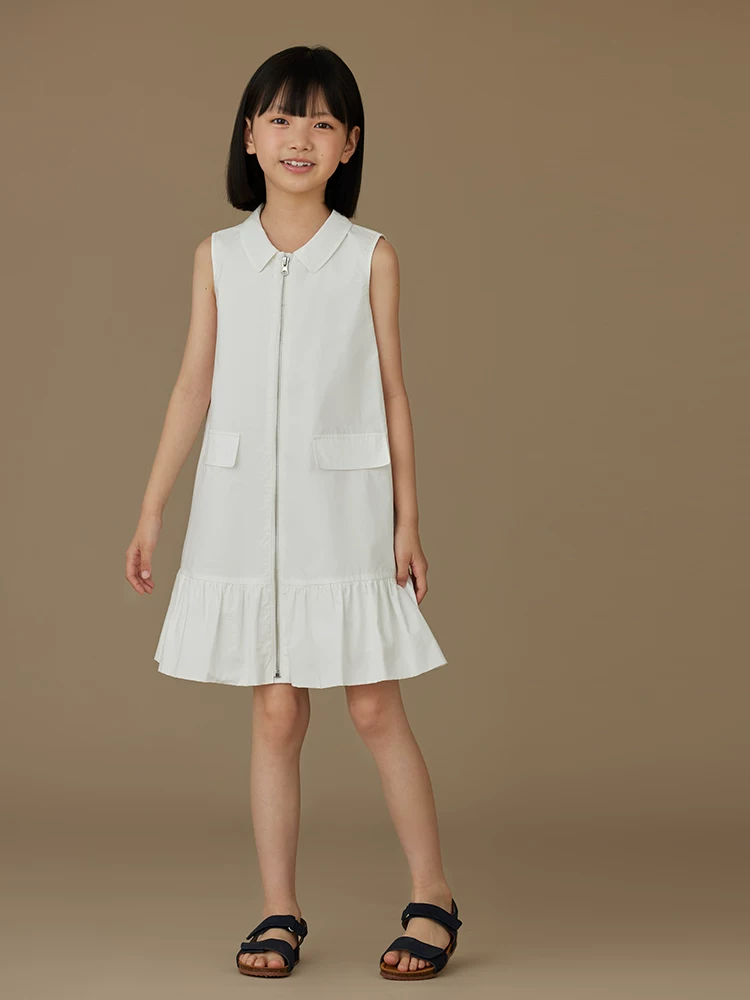 Váy vest trắng trẻ em, váy mùa hè có cổ Peter Pan và khóa kéo, váy nữ sinh phong cách học đường, váy nữ.