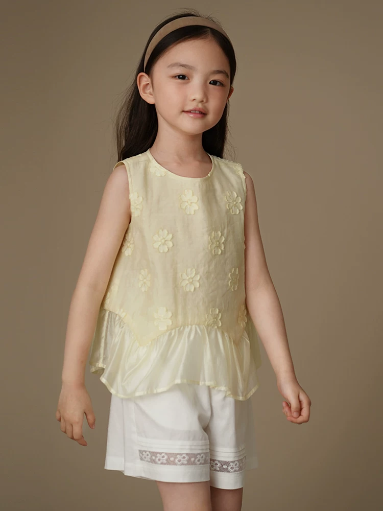 Quần áo trẻ em mùa hè: áo ba lỗ hoa màu vàng cho bé gái, áo không tay, trang phục mùa hè mát mẻ và sành điệu cho bé gái.