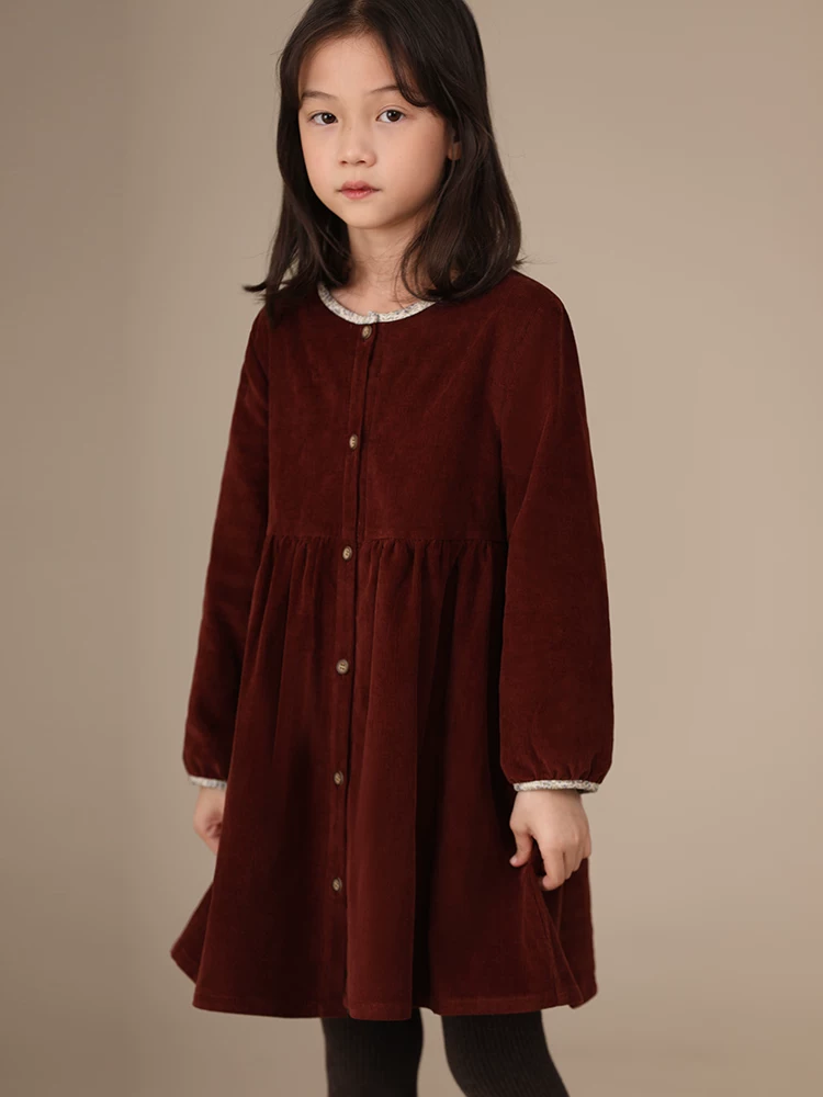 Quần áo trẻ em mùa thu đông váy bé gái cổ tròn cotton nguyên chất vải nhung lót lông cừu trẻ em dài tay đầm dày