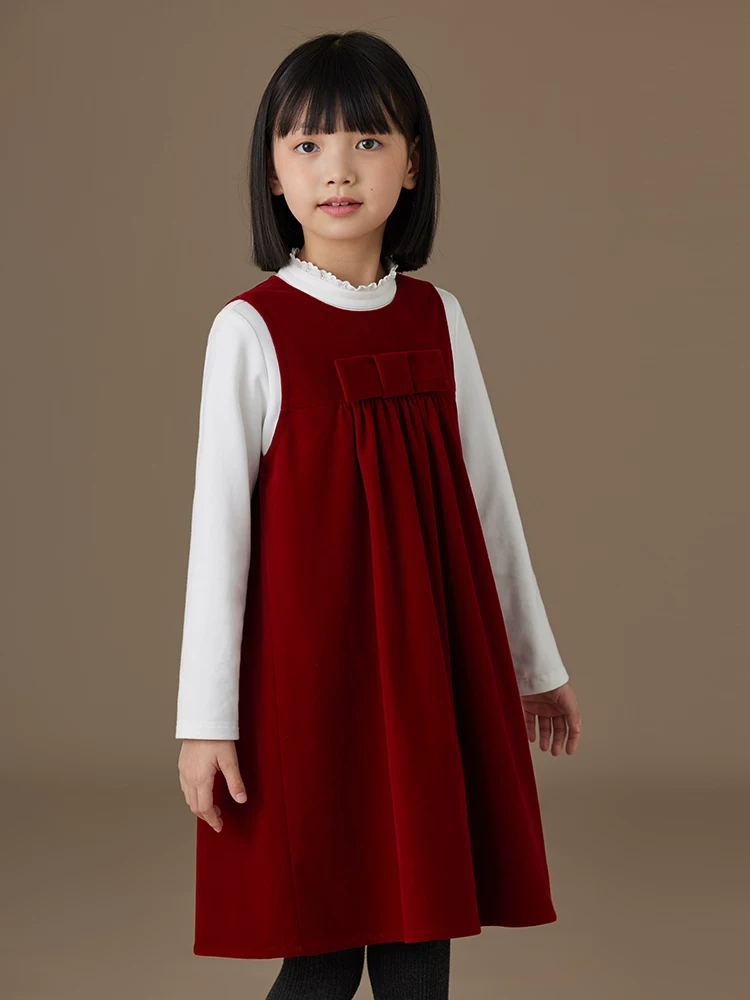 Quần áo trẻ em cho mùa thu đông, váy vest trẻ em, váy dài nhung đỏ tía có nơ, váy bé gái cho trẻ lớn.