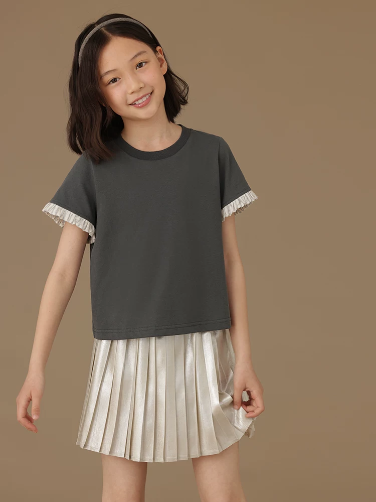 Quần áo trẻ em áo ngắn tay màu xám đậm mùa hè mỏng đa năng áo thun cổ tròn dáng rộng trang phục mùa hè cho bé gái sành điệu