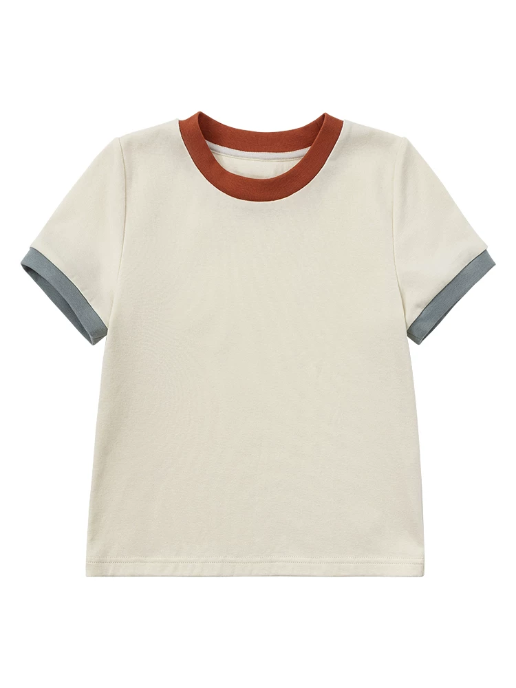 Quần áo trẻ em cotton thân thiện với da màu khối màu ngắn tay áo thun cổ tròn cổ điển dành cho cha mẹ và con cái dành cho bé trai và bé gái mùa hè
