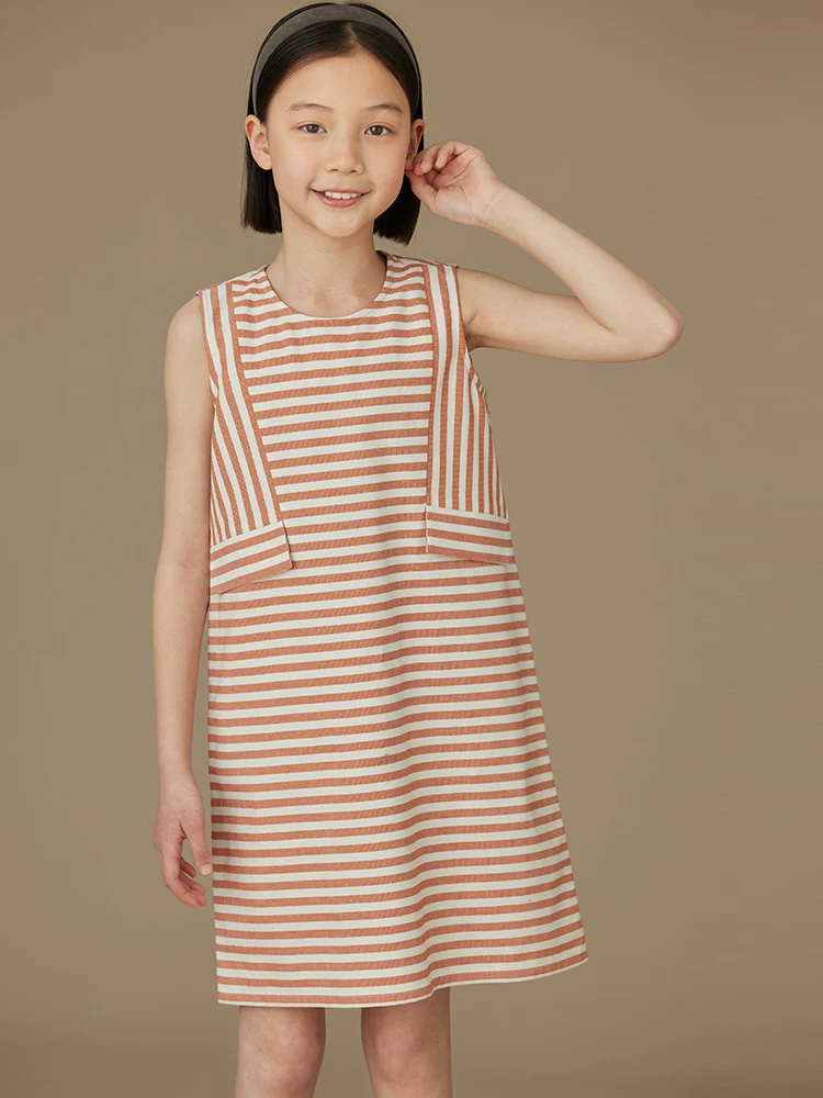 Váy vest mùa hè cho trẻ em, váy cotton sọc cam mỏng và ngọt ngào cho bé gái, thiết kế sành điệu