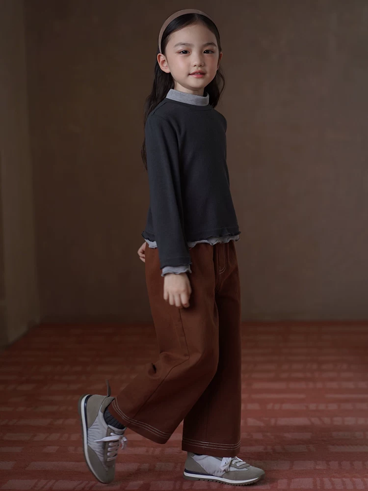 Quần trẻ em dáng rộng màu cam tươi sáng quần ống đứng bé trai bé gái quần dài ấm áp mùa đông