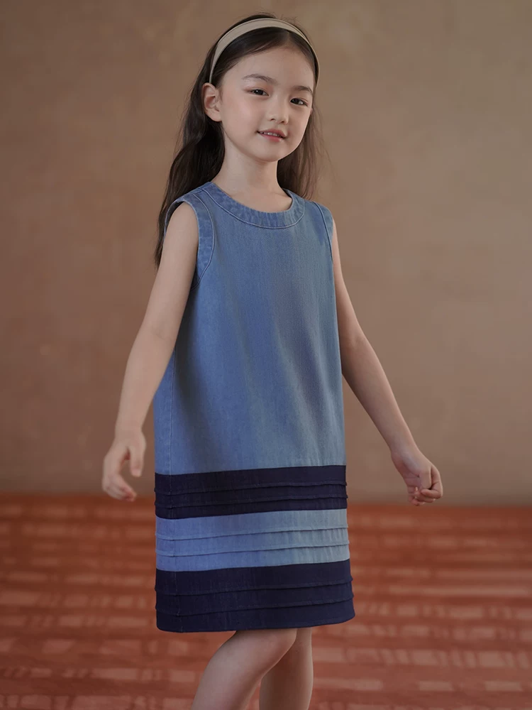 Váy vest mỏng mùa hè cho bé gái, váy denim, váy chắp vá cổ điển, quần áo mùa hè cho trẻ lớn.