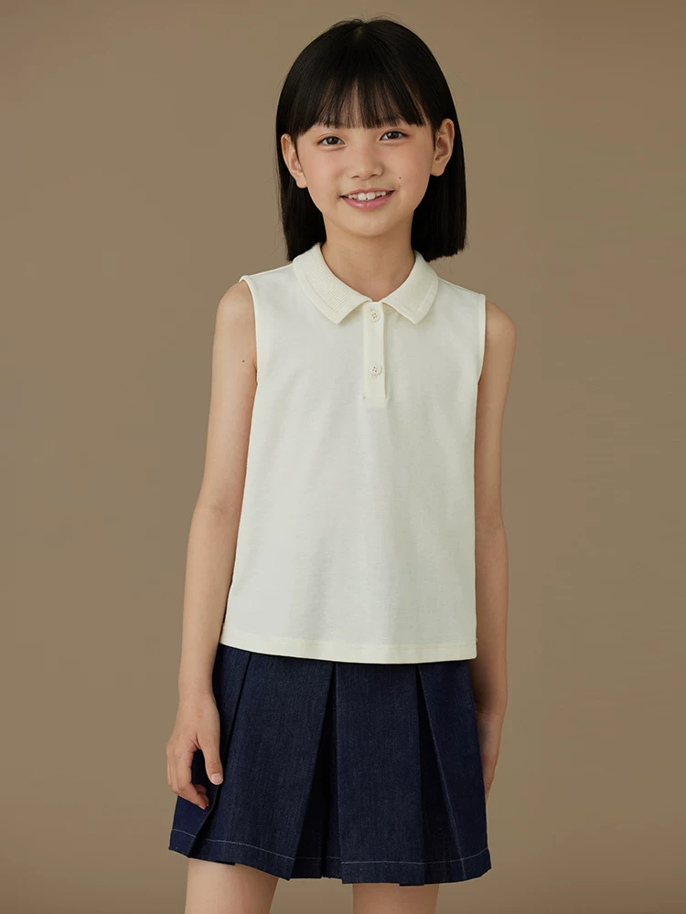 Quần áo trẻ em Hazi áo trẻ em màu mơ mùa hè mỏng giản dị đa năng áo sơ mi dệt kim polo áo vest không tay cho bé gái sành điệu